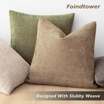 Foindtower Pack of 2 Textured Chenille Throw Decorative Pillow Covers Square Accent Solid Cushion Cover Neutral Farmhouse Pillow Case for Couch Sofa Bedroom Living Room 26x26 Inch,Taupe Khaki Camel