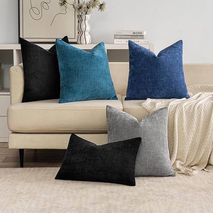 MIULEE Pack of 2 Decorative Throw Pillow Covers Soft Chenille Throw Pillows Solid Textured Lumbar Cushion Covers for Couch Sofa Bedroom Living Room 12x20 Inch, Black