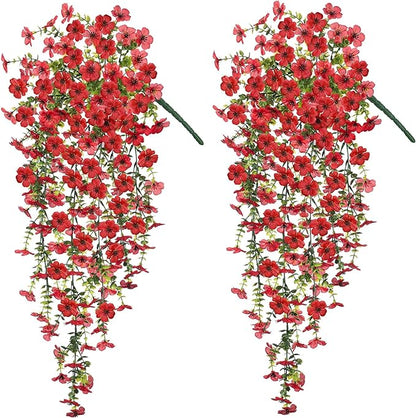 Artificial Hanging Flowers for Outdoors Faux Plants Decoration, 2 Packs Fake Silk Daisy Flower Realistic Outdoor Flowers UV Resistant Porch Patio Window Yard Outside Decor(Red)