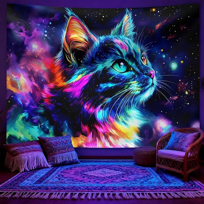seewan Black Light Cat Tapestry, Space Galaxy Cat Tapestry, Glow-in-the-Dark UV-Reactive Black Light Standing Tapestry, Psychedelic Starry Night Wall Hanging, Bedroom Dorm Living Room Background Decor
