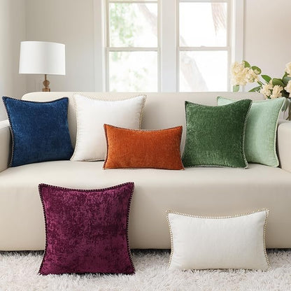 decorUhome Spring Chenille Soft Throw Pillow Covers 18x18 Set of 2, Farmhouse Velvet Neutral Decorative Pillow Covers with Stitched Edge for Couch Sofa Bed Home Decor, Aqua Haze