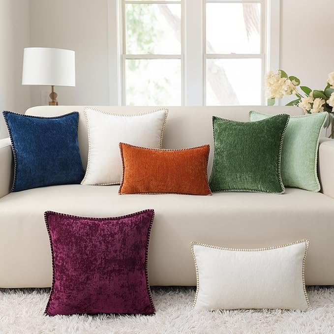 decorUhome Spring Chenille Soft Throw Pillow Covers 26x26 Set of 2, Farmhouse Velvet Neutral Decorative Euro Sham Pillow Covers with Stitched Edge for Couch Sofa Bed Home Decor, Poseidon