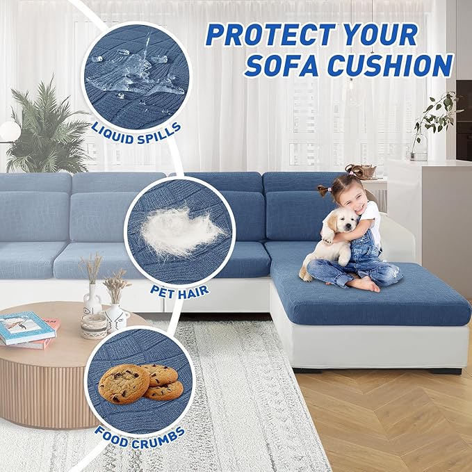 MAXIJIN Waterproof Couch Cushion Covers Stretch Sofa Seat Slipcovers Washable，Sectional Outdoor Cushion Covers with Elastic Bottom for Dogs Pets Kids (2 Pc Cushion Cover, Dusty Blue)