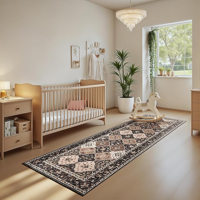Lessymo Washable Hallway Rugs, 2.6x8 Moroccan Runner Rug with Rubber Backing Non Slip, Vintage Long Rug Carpet for Bedroom Laundry Room Entryway, Taupe and Beige