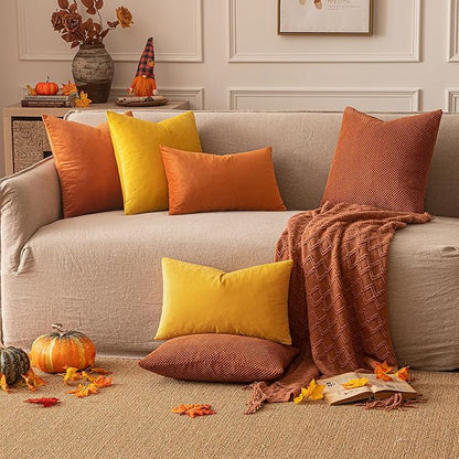 EMEMA Fall Orange Velvet Throw Pillow Covers 20x20 Inch Set of 2 Decorative Square Pillowcase Soft Solid Cushion Case for Couch Sofa Bed Bedroom Livingroom