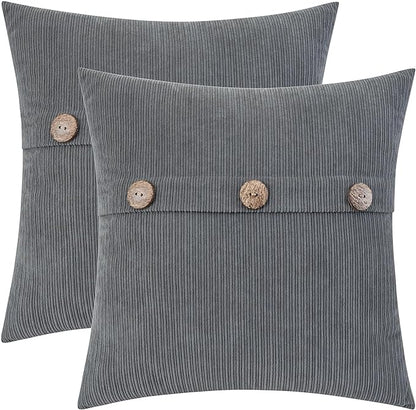 HWY 50 Gray Grey Chenille Throw Pillow Covers 18x18 Inch with Triple Buttons, Soft Farmhouse Accent Decorative Cushion Cases for Couch Sofa Bed Living Room Bedroom Pack of 2