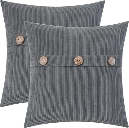 HWY 50 Gray Grey Chenille Throw Pillow Covers 16x16 Inch with Triple Buttons, Soft Farmhouse Accent Decorative Cushion Cases for Couch Sofa Bed Bedroom Pack of 2