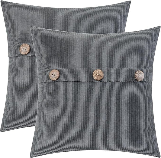 HWY 50 Gray Grey Chenille Throw Pillow Covers 16x16 Inch with Triple Buttons, Soft Farmhouse Accent Decorative Cushion Cases for Couch Sofa Bed Bedroom Pack of 2