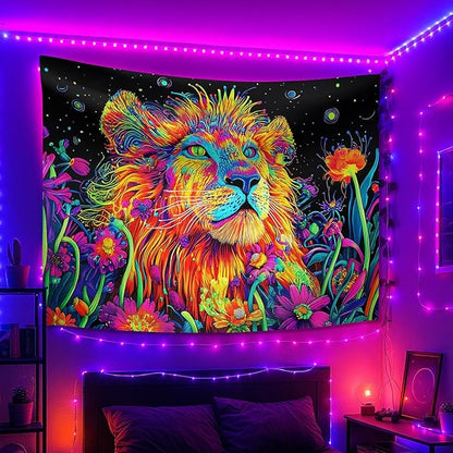 seewan Black Light Lion Tapestry, UV-Reactive Neon Galaxy Lion Wall Hanging, Psychedelic Animal Art Paired with Dreamy Floral Tapestry, Bedroom Dorm Living Room Background Decor