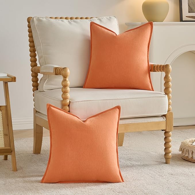 FUTEI Orange Chenille Throw Pillow Covers 26x26 Inch Set of 2,Edges Double-Stitched Euro Pillow Shams,Modern Home Decor for Couch Living Room