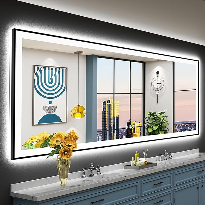 96"x36" Black Framed LED Bathroom Mirror with Lights, Backlit & Front Lit, Anti-Fog Lighted Vanity Mirrors for Bathroom Wall, Dimmable, 3 Colors, Memory, Shatter-Proof, Tempered Glass, CRI＞90