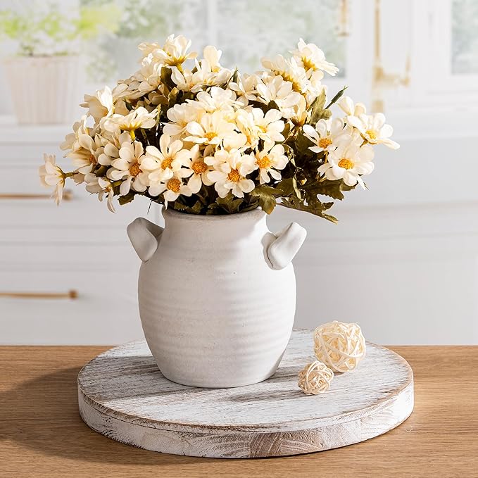 Ceramic Flower Vase Home Decor - Farmhouse Table Vases with Handle Living Room Decoration Vintage Decorative Aesthetic for Shelf Coffee Dining Desk House Bookshelf Fireplace (6" Rustic)