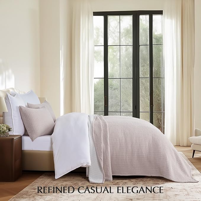 EVERGRACEHOME Cotton Gauze King Bedspread, Ultra Soft Prewashed Pick Stitch Matelassé Coverlet, Lightweight Oversized King Quilt Bedding Set for All Season, w/ 2 Shams, Rosette Beige reverses White