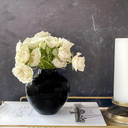 Willowy 5 Inch Round Black Ceramic Vase with Glossy Finish - Modern Vase for Flowers, Home Decor