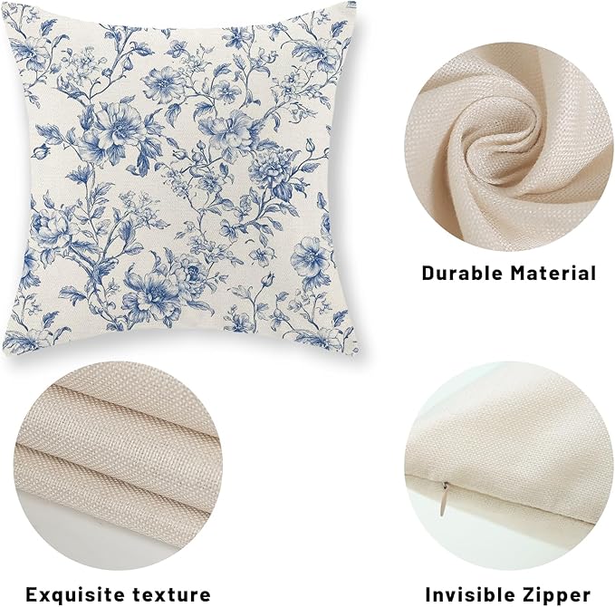Blue Pillow Covers 16x16 Set of 2 Blue and Cream Floral Chinoiserie Throw Pillows Vintage Rustic Toile Flower Decorative Pillow Cases Outdoor Chinoiserie Decor Cushion Case for Couch Bed Sofa
