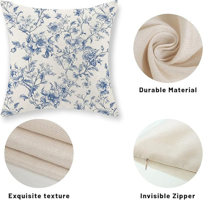 Blue Pillow Covers 20x20 Set of 2 Blue and Cream Floral Chinoiserie Throw Pillows Vintage Rustic Toile Flower Decorative Pillow Cases Outdoor Chinoiserie Decor Cushion Case for Couch Bed Sofa