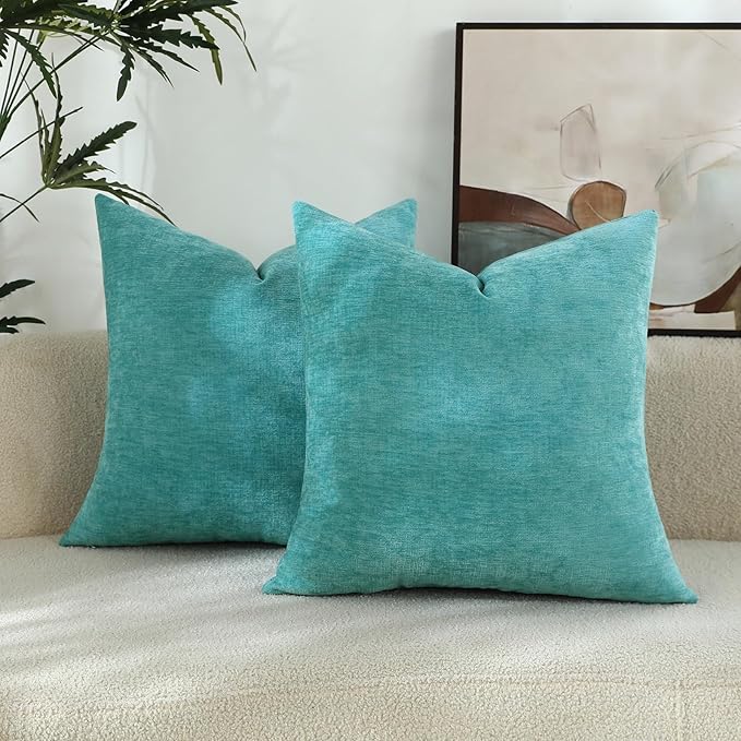 Aqua Green Chenille Decorative Couch Throw Pillow Covers, Soft Cushion Cases for Home Livingroom Sofa Décor, Pack of 2, 20 x 20 Inches