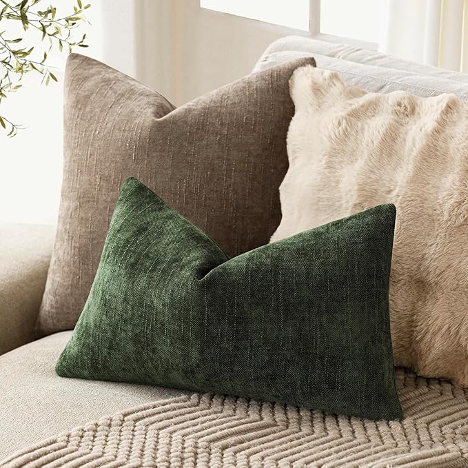 Foindtower Pack of 2 Textured Chenille Throw Decorative Pillow Covers Square Accent Solid Cushion Cover Neutral Farmhouse Lumbar Pillow Case for Couch Sofa Bedroom Living Room 12x20 Inch,Dark Green