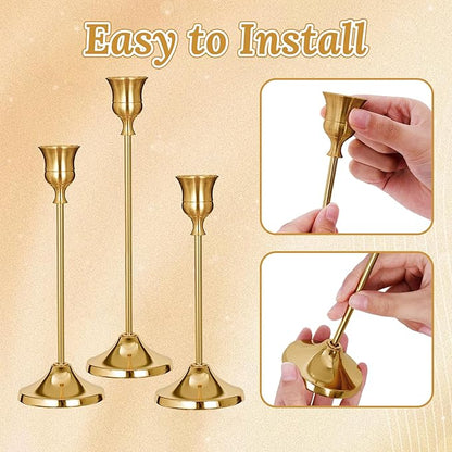 Candlestick Holders, 6 PCS Brass Gold Metal Taper Candle Holder with Adhesive Wax fits 3/4 Inch Long Candles, Vintage Modern Candle Holders for Table Mantel Wedding Housewarming Gift