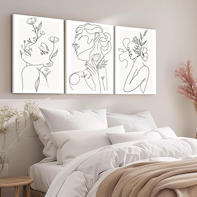 yulihaz Minimalist Woman Flower Line Wall Art Set of 3 Neutral Modern Abstract Black and White Girl Canvas Painting Poster Prints Picture Wall Decor for Bedroom Living Room Framed 12x16 inch