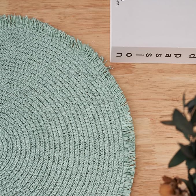 15 Inch Set of 6 Round Woven Placemats Braided Paper Heat Resistant Table Mats with Fringe Tassel Boho Indoor Outdoor Table Placemats for Dining Tables (Turquoise)