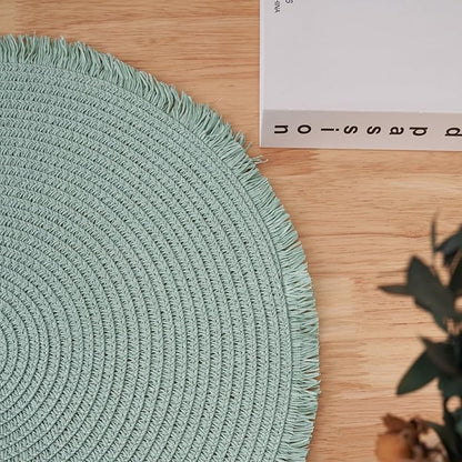 15 Inch Set of 6 Round Woven Placemats Braided Paper Heat Resistant Table Mats with Fringe Tassel Boho Indoor Outdoor Table Placemats for Dining Tables (Turquoise)