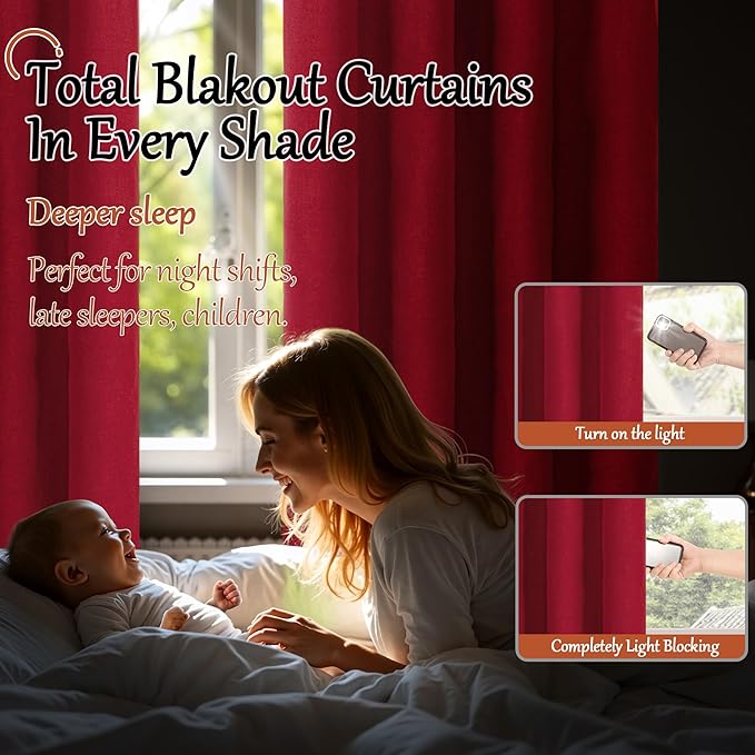 Lajode Linen Blackout Christmas Curtains - Red Thermal Insulated Curtains 90 Inch Long for Bedroom Living Room, Thick Heavy Light Blocking Energy Saving Soundproof Drapes Each 52x90 Inch 2 Panels