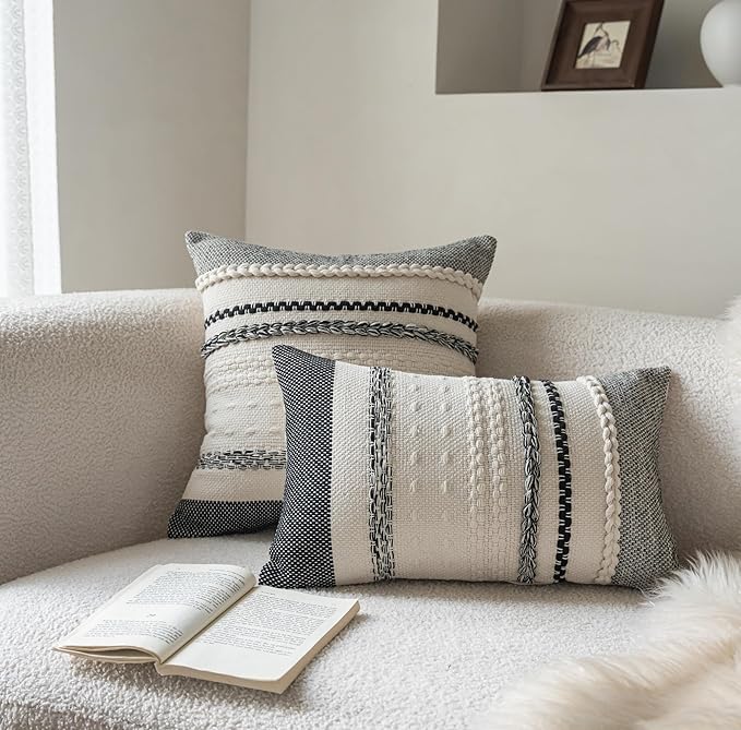 Boho Throw Pillow Covers 18x18 Inch Set of 2, Black Textured Decorative Couch Pillow Cases for Farmhouse Home Decor, Accent Cushion Cover for Sofa, Bed, Living Room, Bedroom