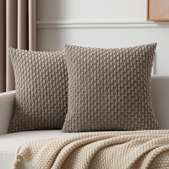 Kevin Textile Throw Pillow Covers Soft Corduroy Decorative Set of 2 Boho Striped Pillow Covers Pillowcases Farmhouse Home Decor for Couch Bed Sofa Living Room 16x16 Inch Light Brown