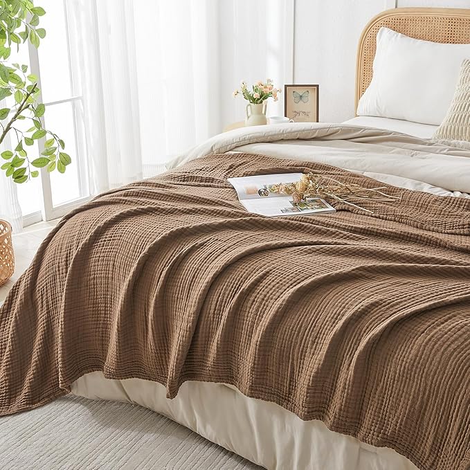 EMME Cotton Muslin Twin XL Blanket Breathable Gauze Blanket Soft Lightweight Blankets Adults Gifts for Women (Brown, 66"x90")