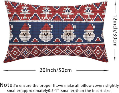 Dark Blue Red Christmas Lumbar Pillow Covers 12x20 Set of 2 Xmas Santa Tree Pattern Decorative Outdoor Farmhouse Pillowcases Decorations Winter Holiday Throw Cushion Cover Decor for Couch Sofa Bed