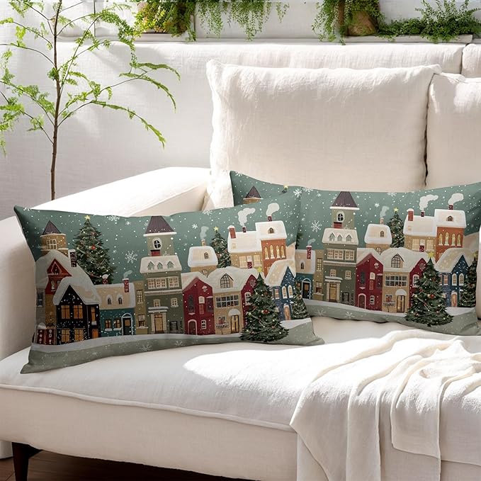 Christmas Snoflake Pillow Covers 12x20 Set of 2 Green House Throw Pillow Covers Winter Pillowcase Linen Decoration Farmhouse Cozy Soft Cushion Case Couch for Indoor Outdoor Home Decor
