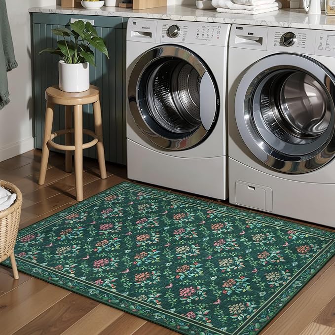 Tangsoo 2x3 Small Washable Entry Rug,Non Slip Green Floral Throw Area Rugs for Entryway,Front Door Mats Indoor Entrance Carpet for Kitchen Office Laundry, Soft Kids & Pets Friendly