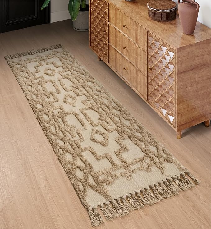 Uphome Boho Runners for Hallways 2' x 8', Washable Farmhouse Entryway Runner Rug, Cotton Tufted Bedroom Runner Rugs, Bohemian Tribal Aesthetic Rug for Kitchen Doorway Bathroom Living Room, Khaki