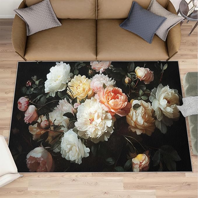 Flowers 3x5 Area Rugs for Living Room Peony Washable Rug Rustic Flowers Rug Non Slip Low Pile Soft Area Rugs for Bedroom Bedside Dining Room Kids