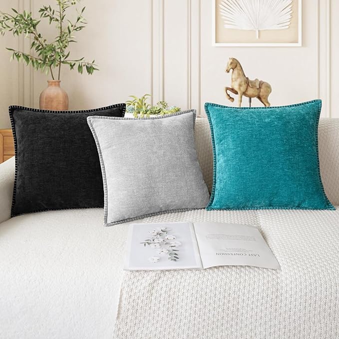CaliTime Throw Pillow Covers Decorative 12 X 20 Inches Pack of 2 Cotton Thread Stitching Edges Solid Dyed Soft Chenille Cushion Cases for Couch Sofa Bed Living Room Farmhouse Lake Blue