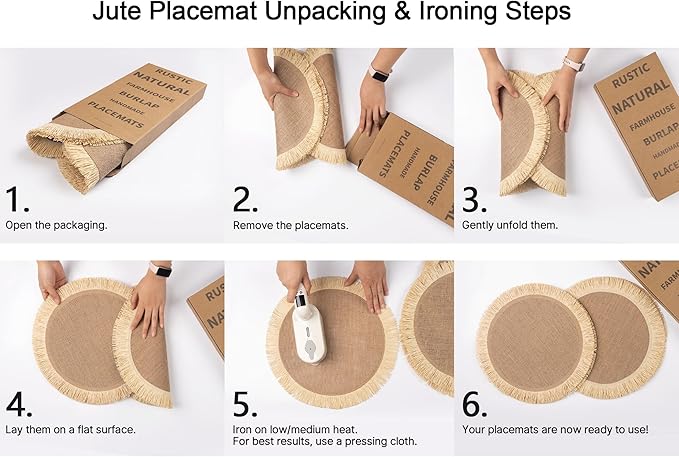 FunWheat Burlap Round Braided Placemats Set of 12 for Dining Tables 15 Inch Heat Resistant Jute Table Mats Farmhouse Woven Fabric Natural Place mats for Fall Decorations Indoor Outdoor(Beige)