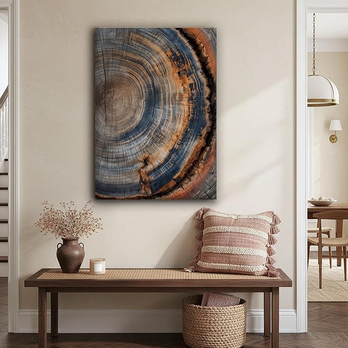 IBHJSART Framed Tree Ring Canvas Wall Art Vintage Colorful Wood Stump Painting Prints Modern Minimalist Pictures Neutral Nature Rustic Farmhouse Decor Living Room Bedroom Bathroom Office