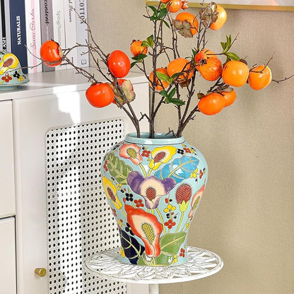 Sungmor Decorative Ceramic Ginger Jar with Lid, Floral Pattern Porcelain Temple Storage Jar, 14" Hand Painted Ceramic Flower Vase for Centerpiece, Blue Glazed Vase for Flower Arrangement, Home Decor