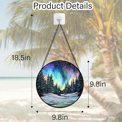 DASTOLL Stained Glass Window Hanging, Aurora Landscape Sun Catchers Glass Panel Green Trees Suncatcher Decor for Birthday for Women, Men, Wife, Aunt, and Mom 9.8 in