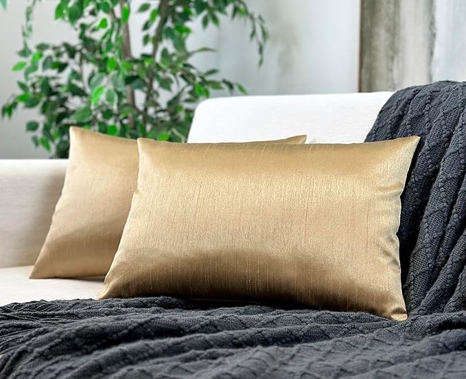 Aiking Home 12x18 Inches Faux Silk Rectangular Throw Pillow Cover, Zipper Closure, Brass (Set of 2)