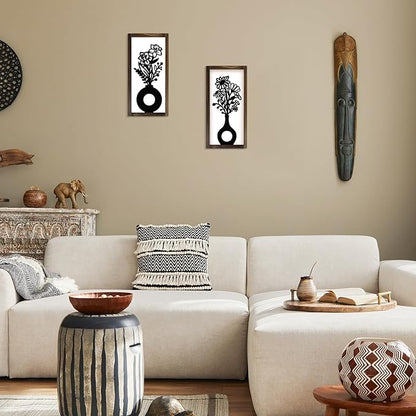 Kas Home 3D Floral Wall Art, 2 Set Rustic Wood Boho Flower with Vase Framed Wall Decor for Bathroom Living Room Bedroom Office Housewarming Gift, Ready To Hang Plaque Sculptures (White-B, 6L" x 12W", Framed)