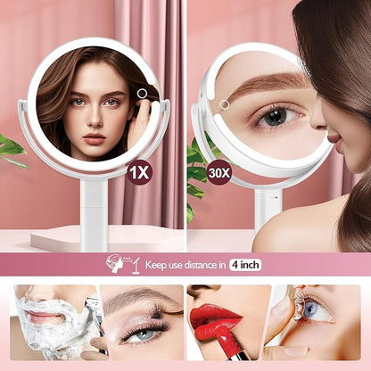 Makeup Mirror with Lights, 30X Magnifying & Height Adjustable, Lighted Magnifying Mirror with 3 Light Modes and Stepless Dimming, Vanity Mirrors for Bathroom, Birthday Gift for Women, White