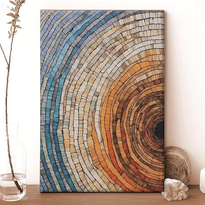 IBHJSART Framed Tree Ring Canvas Wall Art Vintage Colorful Wood Stump Painting Prints Modern Minimalist Pictures Neutral Nature Rustic Farmhouse Decor Living Room Bedroom Bathroom Office
