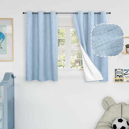Lajode Baby Blue Linen Blackout Curtains for Nursery 45 Inch Length 2 Panels, Short Thermal Insulated Boho Total Black Out Noise Reducing Small Window Curtains for Kids Bedroom, Each 38 Inch Wide