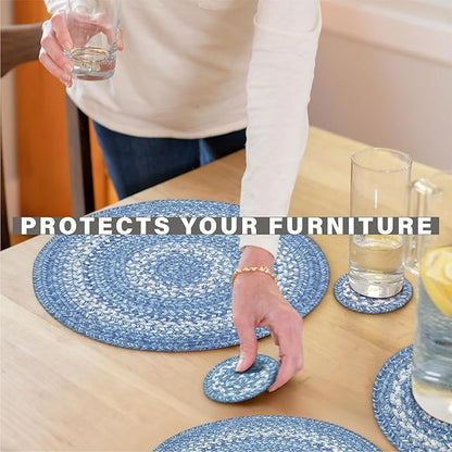 Homespice Denim Jute Braided Kitchen Chair Pads 15x15 Set of 2 - Vibrant Colors, Naturally Comforting & Reversible