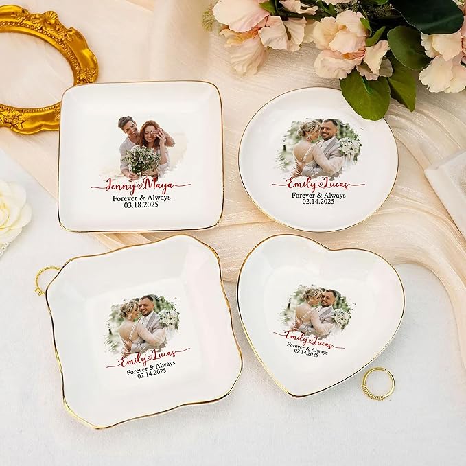 Personalized Photo Wedding Ring Dish Gifts for Couples, Married Jewelry Tray Ring Holder, Wedding Gifts for Women Newlywed Future Bride To be, Anniversary Engaged Gift for Mr Mrs Wife Husband