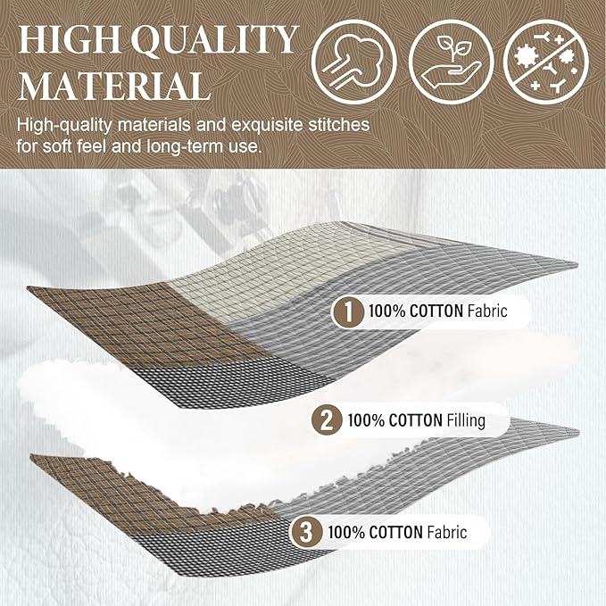 SahSahCasa 100% Cotton 120"x102" Oversized Bedspread Coverlet Quilt Set Queen Size, Queen Quilted Bedspread Extra Large Quilt, Patchwork XL Bed Spread Lightweight Comforter, Brown/Cream/Gray