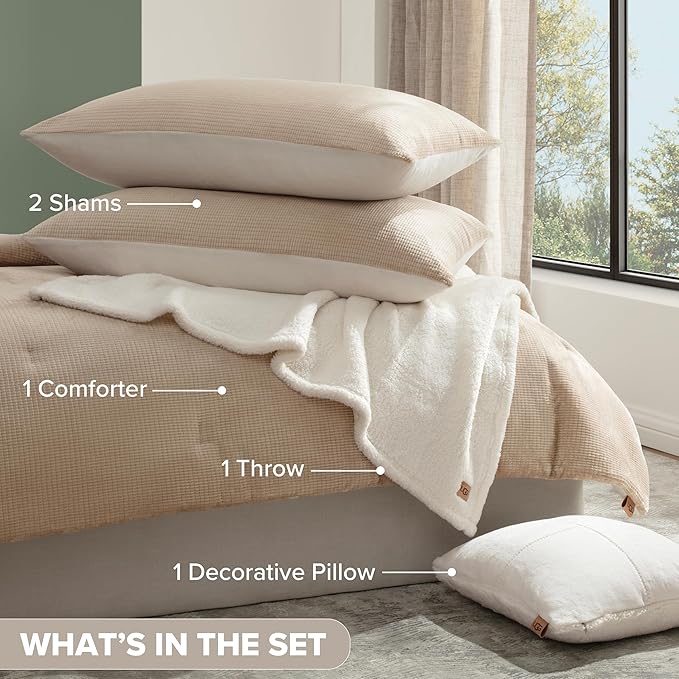 UGG Comforter Set 5 Piece Bed in a Bag with Throw Blanket, Decorative Pillow, Shams, and Reversible Comforter Hypoallergenic Washable Luxury Warm Fluffy Bedding Set, Brown Birch, King Size (Remina)