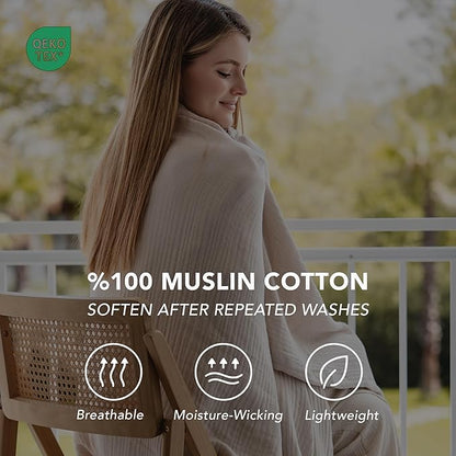 Goqan Throw Blanket 55x60 – 100% Turkish Cotton 4 Layer Boho Muslin Blanket for Adults, Four Season Blanket Lightweight and Thin, Soft, Breathable for Bed, Couch, Picnic - Beige